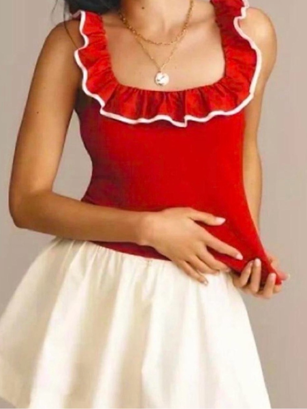 Anthropologie Sunday in Brooklyn Red Ruffle-Trim Square Neck Tank
